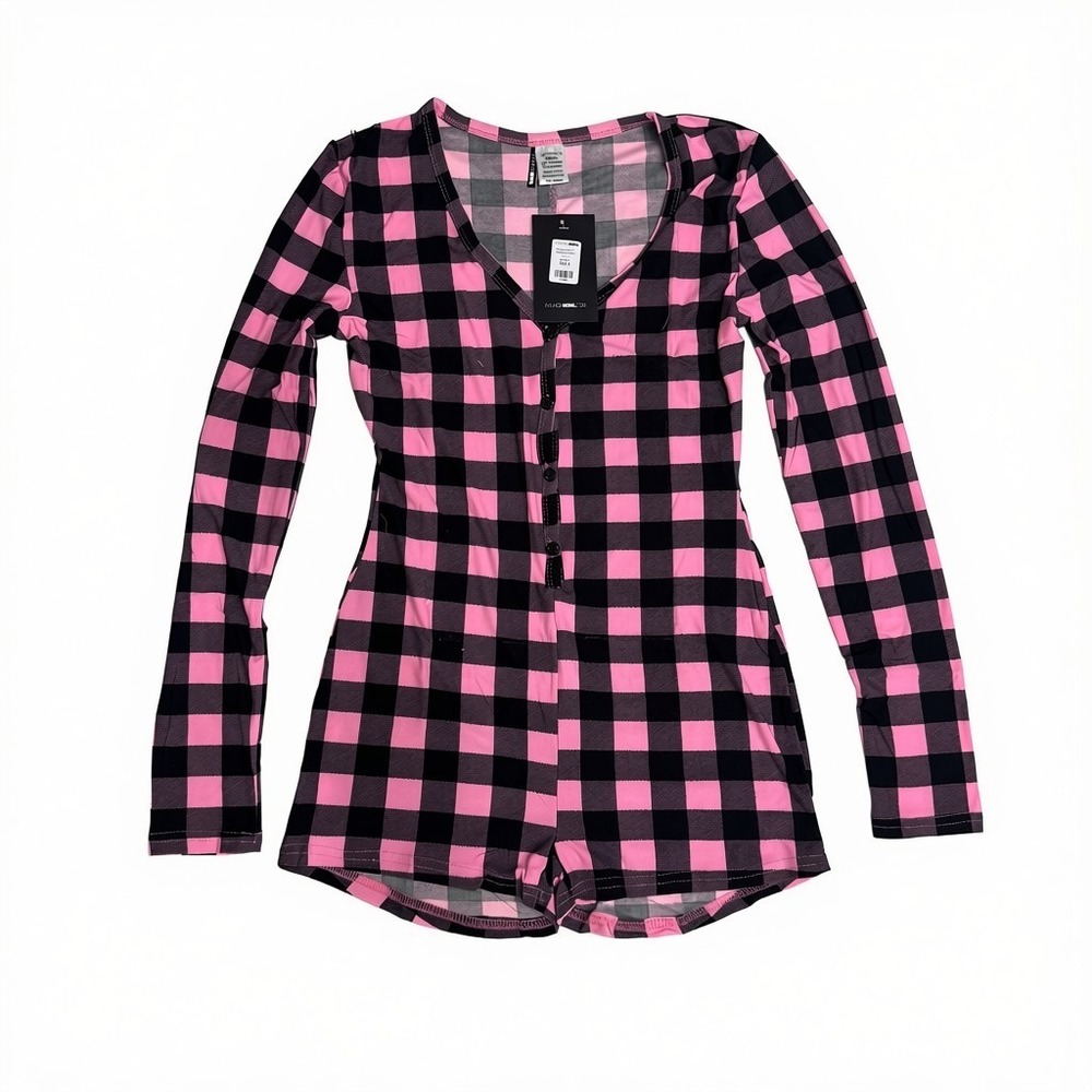 Fashion Nova | PJ Romper Onesie | Pink Black Plaid | Long Sleeve | NWT